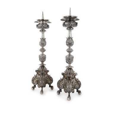 View full screen - View 1 of Lot 4. A Pair Of Tall Silver Pricket Candlesticks, Probably German, Late 17th Century.