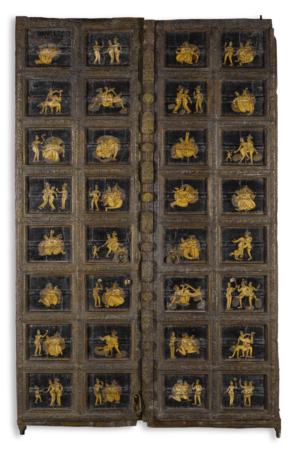 View full screen - View 1 of Lot 2. A PAIR OF WOODEN DOORS PAINTED WITH EROTIC SCENES, INDIA, 20TH CENTURY.