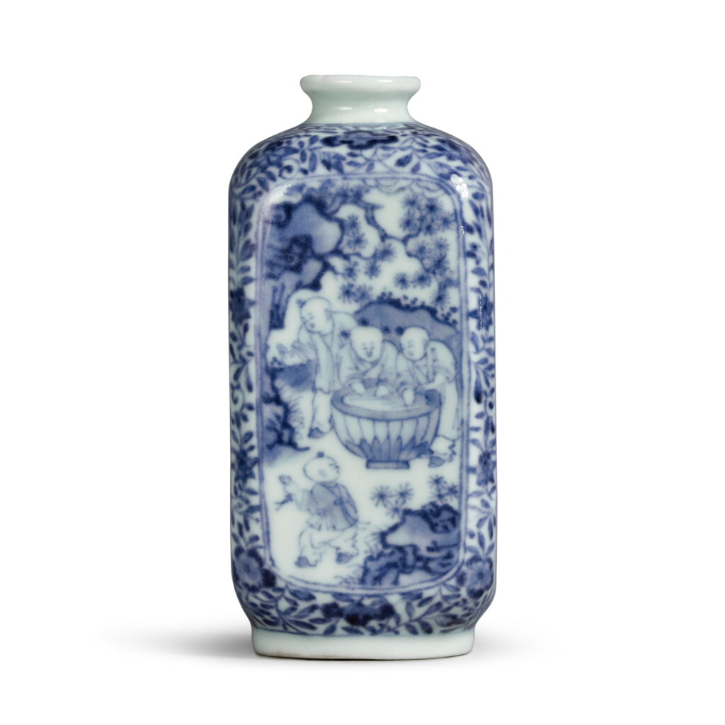 View full screen - View 1 of Lot 264. An exquisite and rare small blue and white 'boys' vase, Mark and period of Yongzheng | 清雍正 青花開光嬰戲圖小方瓶 《大清雍正年製》款.