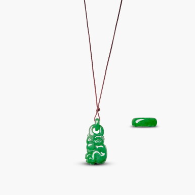 View full screen - View 1 of Lot 1248. Carved Jadeite Pendant Necklace and Jadeite Ring | 天然翡翠 掛墜項鏈 及 戒指.