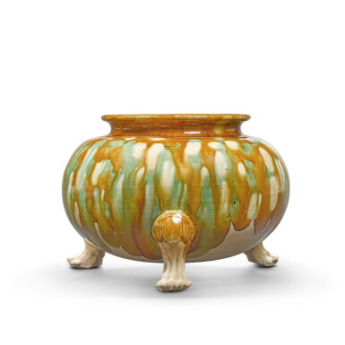 View full screen - View 1 of Lot 753. A sancai-glazed pottery tripod censer, Tang dynasty | 唐 三彩三足爐.
