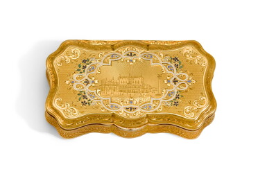 View full screen - View 1 of Lot 126. A GOLD AND ENAMEL SNUFF BOX, PROBABLY ITALIAN, MID-19TH CENTURY,.