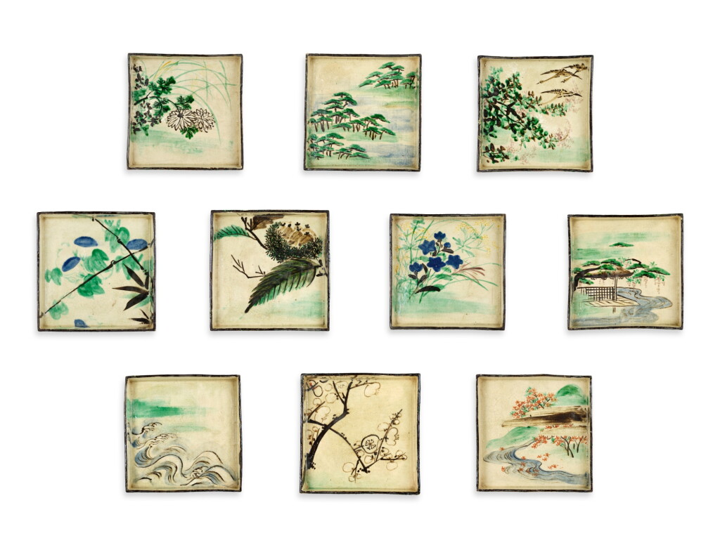 View full screen - View 1 of Lot 2067. A set of ten enamelled stoneware dishes, Signed on the base Kenzan (Ogata Kenzan, 1663-1743), Kenzan ware, Kyoto, Edo period, 18th century | 尾形乾山 色絵絵替角皿 10各 江戸時代中期 18世紀前半.