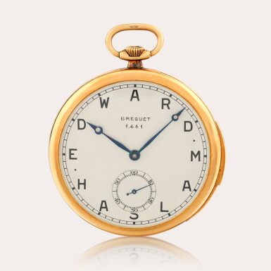 View full screen - View 1 of Lot 39. A fine and slim 18ct gold open-faced minute repeating keyless lever watch with personalised dial.