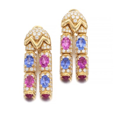 View full screen - View 1 of Lot 617. Bulgari | Pair of gem set and diamond pendent ear clips | 寶格麗 | 寶石配鑽石耳墜一對.