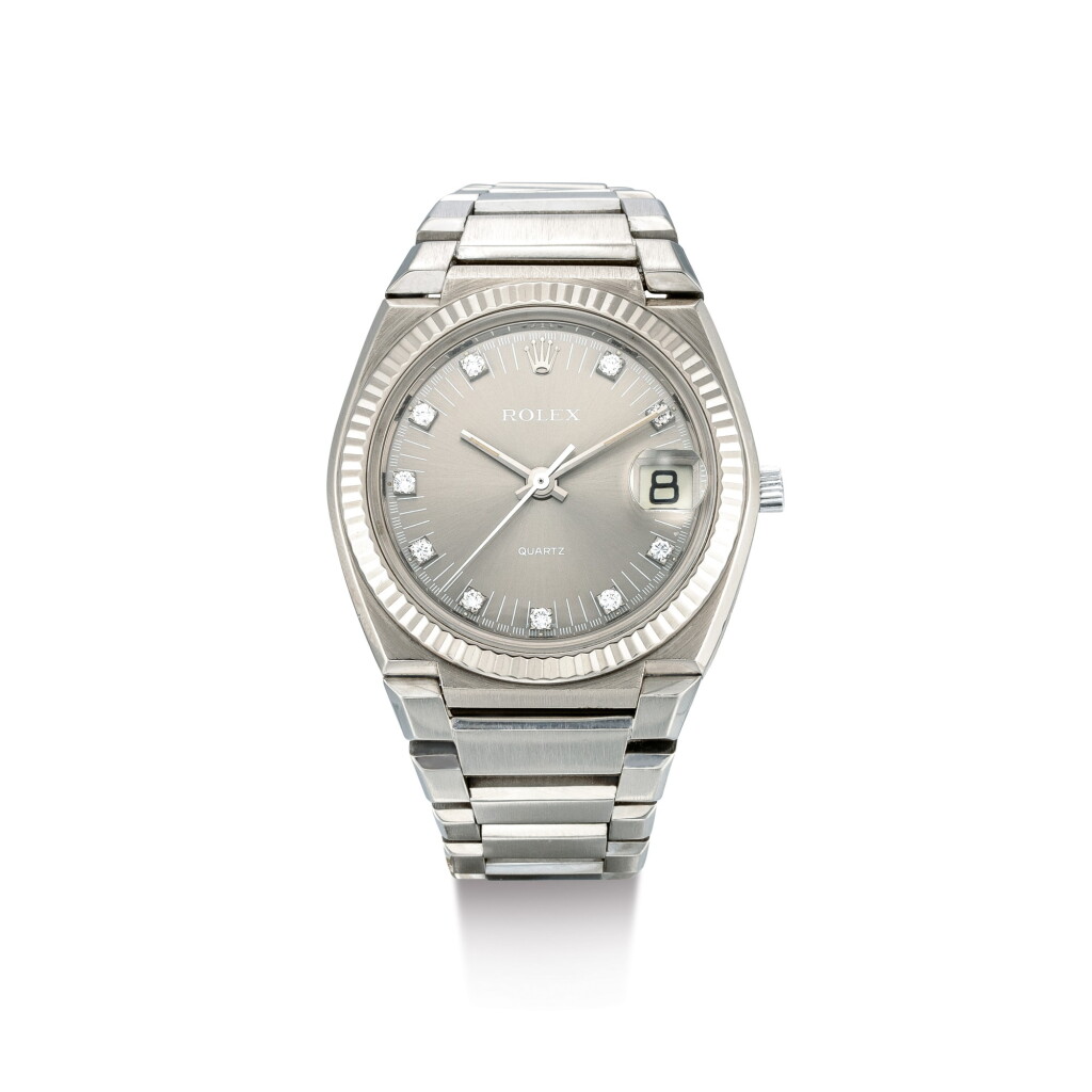 View full screen - View 1 of Lot 2120. ROLEX | BETA-21, REFERENCE 5100, A HEAVY AND POSSIBLY UNIQUE WHITE GOLD AND DIAMOND-SET WRISTWATCH WITH DATE AND BRACELET, CIRCA 1970 | 勞力士 | "Beta-21 型號5100 獨特白金鑲鑽石鏈帶腕錶,備日期顯示,機芯編號7314,錶殼編號78,約1970年製".