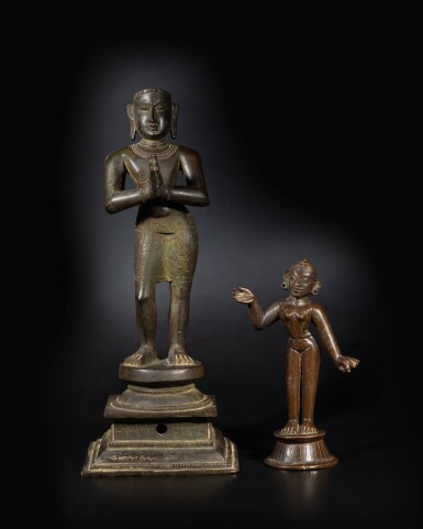 View full screen - View 1 of Lot 589. An inscribed copper alloy figure of Appar, South India, 18th century, and a copper alloy figure of Radha, East India, 19th century.