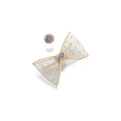 View full screen - View 1 of Lot 158. SAPPHIRE AND DIAMOND BROOCH AND A RING.