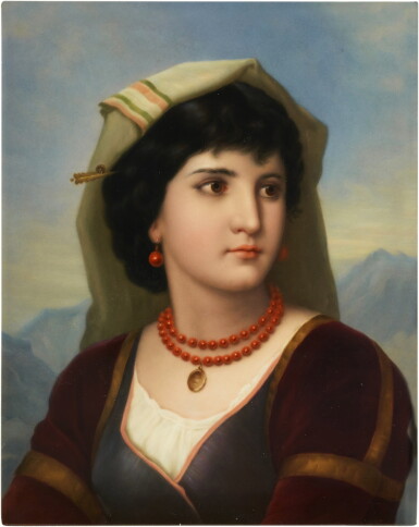 View full screen - View 1 of Lot 423. A Berlin (K.P.M.) Rectangular Plaque, 'Neapolitan Girl', Late 19th Century.