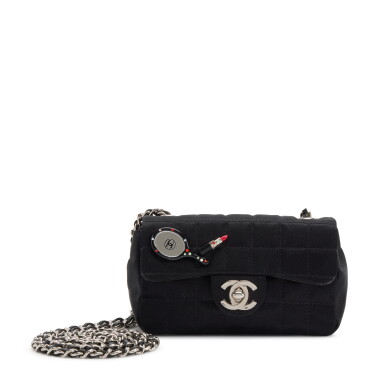 View full screen - View 1 of Lot 65. Black Quilted Satin Lipstick and Mirror Mini Classic Single Flap Bag Silver Hardware, 2004-2005.