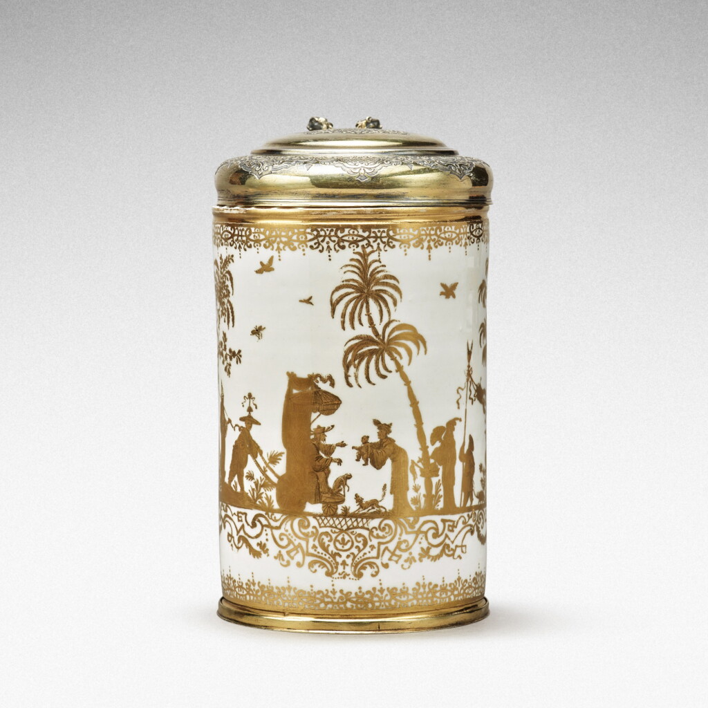 View full screen - View 1 of Lot 15. A Meissen Hausmaler tankard, with silver-gilt mounts, the porcelain circa 1725-30, the decoration slightly later, the mounts Elias Adam, Augsburg, 1734-6.