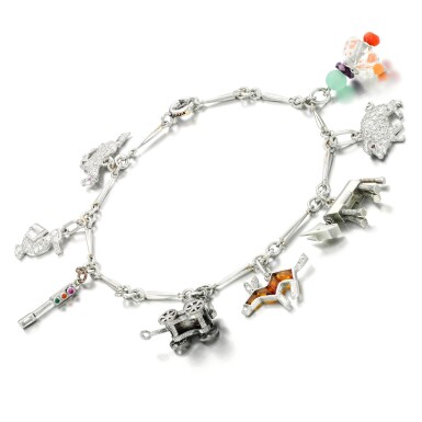 View full screen - View 1 of Lot 29. Gem set and diamond bracelet, four charms Cartier, 1920s and later.