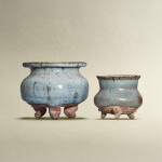 Two small Junyao blue-glazed tripod incense burners, Yuan - Ming dynasty | 元至明 鈞窰藍釉三足琴爐兩件