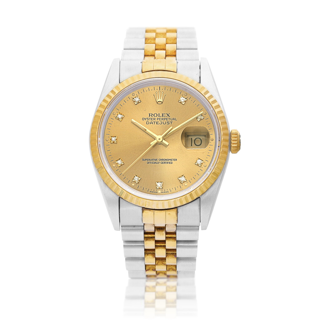 View full screen - View 1 of Lot 8138. DateJust, Reference 16233 | A yellow gold, stainless steel and diamond-set wristwatch with bracelet, Circa 1994 | 勞力士 | Date Just 型號16233 | 黃金及精鋼鑲鑽石鏈帶腕錶,約1994年製.