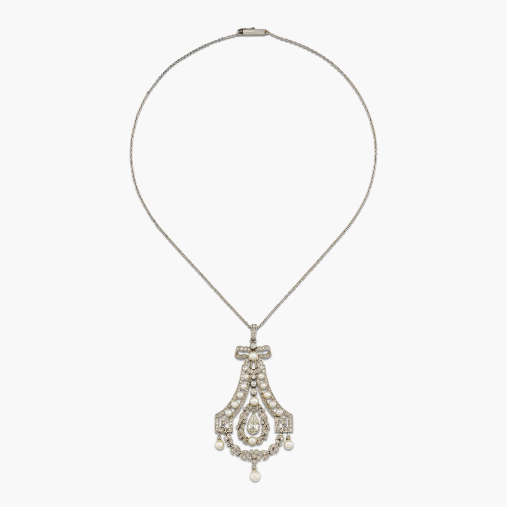 View full screen - View 1 of Lot 9. Natural Pearl and Diamond Pendant.