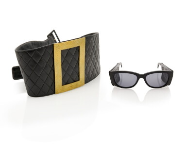 View full screen - View 1 of Lot 1. CHANEL | PAIR OF VINTAGE AVIATOR PILOT SUNGLASSES AND BLACK LEATHER MATELASSÉ CORSET BELT.