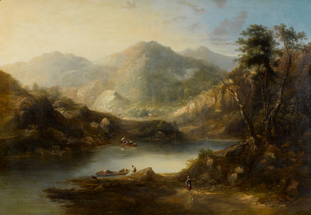 View full screen - View 1 of Lot 206. ENGLISH SCHOOL, EARLY 19TH CENTURY | A mountainous highland landscape with figures in boats on a loch.