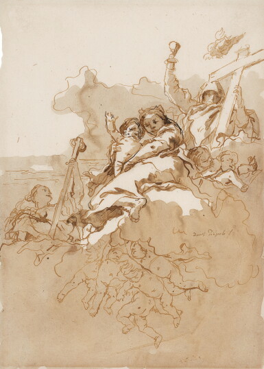 View full screen - View 1 of Lot 214. Faith, Hope and Charity with Putti among clouds.