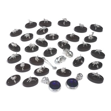 View full screen - View 1 of Lot 911. A SET OF TWENTY-EIGHT ZIMBABWEAN SILVER AND WOOD ANIMAL PLACE CARD HOLDERS, PATRICK MAVROS, HARARE, 21ST CENTURY.