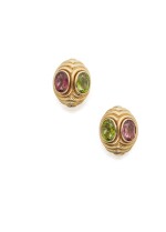 PAIR OF GOLD, TOURMALINE AND PERIDOT EARCLIPS, BULGARI