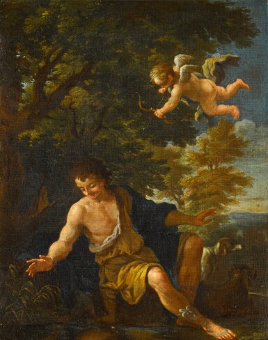 View full screen - View 1 of Lot 32. Narcissus seated in a wooded landscape with dogs and Cupid flying above.