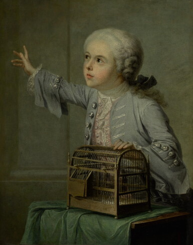 View full screen - View 1 of Lot 212. FRANÇOIS HUBERT DROUAIS | A BOY SEATED AT A TABLE, LOOKING UP, WITH AN OPEN BIRDCAGE.