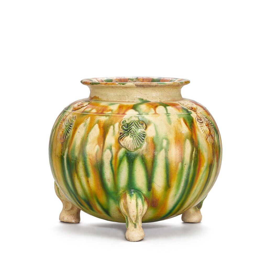 View full screen - View 1 of Lot 308. A sancai appliqué-decorated 'flowers' tripod censer, Tang dynasty 唐 三彩貼花三足香爐.
