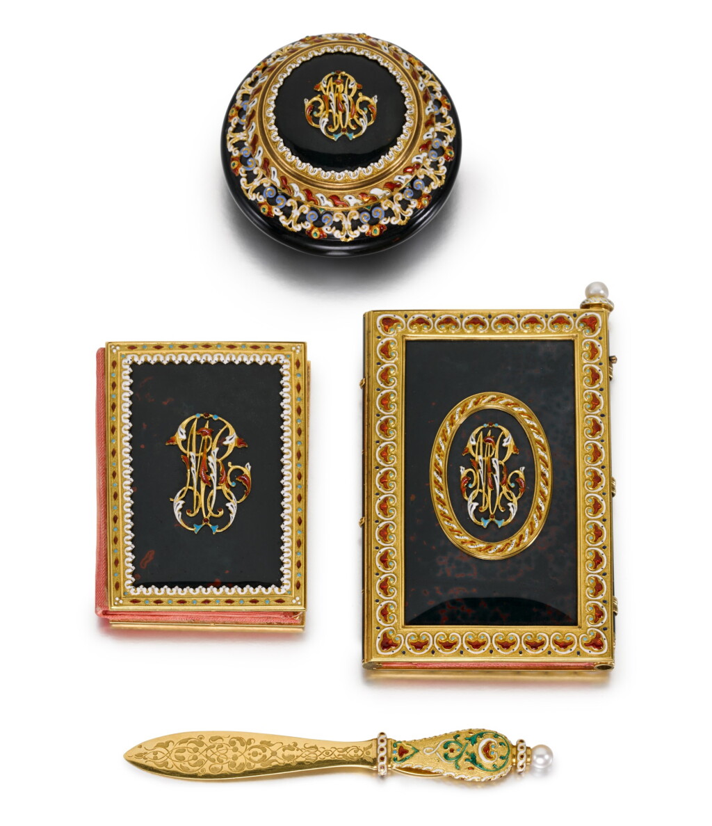 View full screen - View 1 of Lot 57. A four-piece gold, enamel and hardstone lady's desk set, Charles-Auguste Péret, Paris, circa 1845.