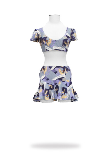 View full screen - View 1 of Lot 29. Marina Lante della Rovere, circa 1974, Printed jersey beach ensemble with ruffles | Ensemble brassière et short en jersey imprimé.