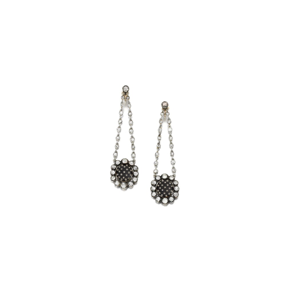 View full screen - View 1 of Lot 243. PAIR OF ENAMEL AND DIAMOND EARRINGS, 19TH CENTURY COMPOSITE.