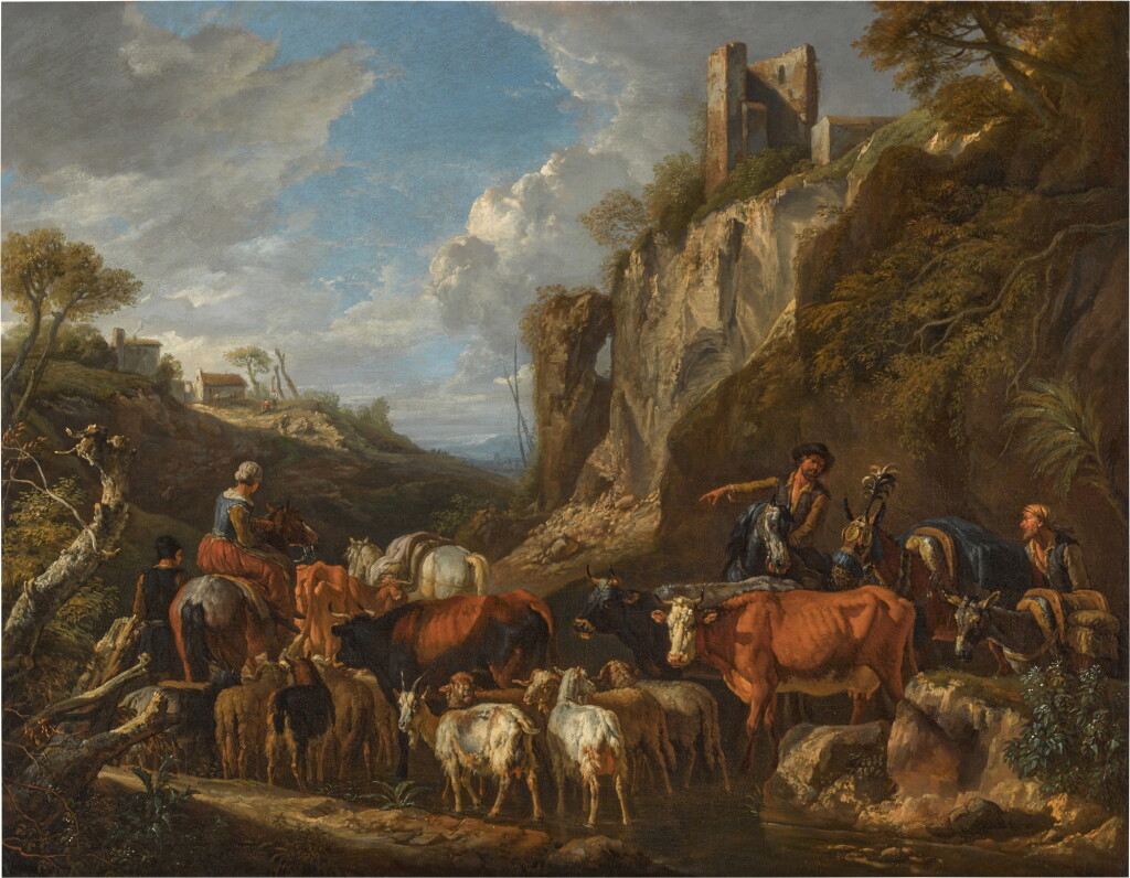 View full screen - View 1 of Lot 73. An extensive italianate landscape with muleteers and a woman on horseback leading cattle, sheep and goats across a stream by a steep cliff with a ruined castle, cottages and figures in the distance.