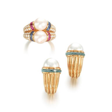 View full screen - View 1 of Lot 903. Cultured pearl, ruby, sapphire and diamond ring and a pair of ear clips.