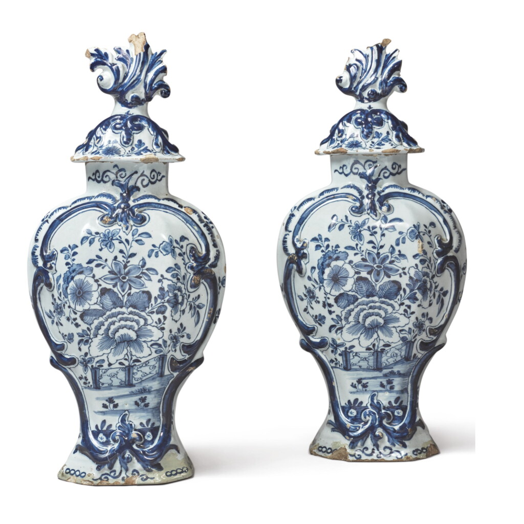 View full screen - View 1 of Lot 113. A PAIR OF DUTCH DELFT BLUE AND WHITE OCTAGONAL BALUSTER VASES AND COVERS, CIRCA 1764-70.