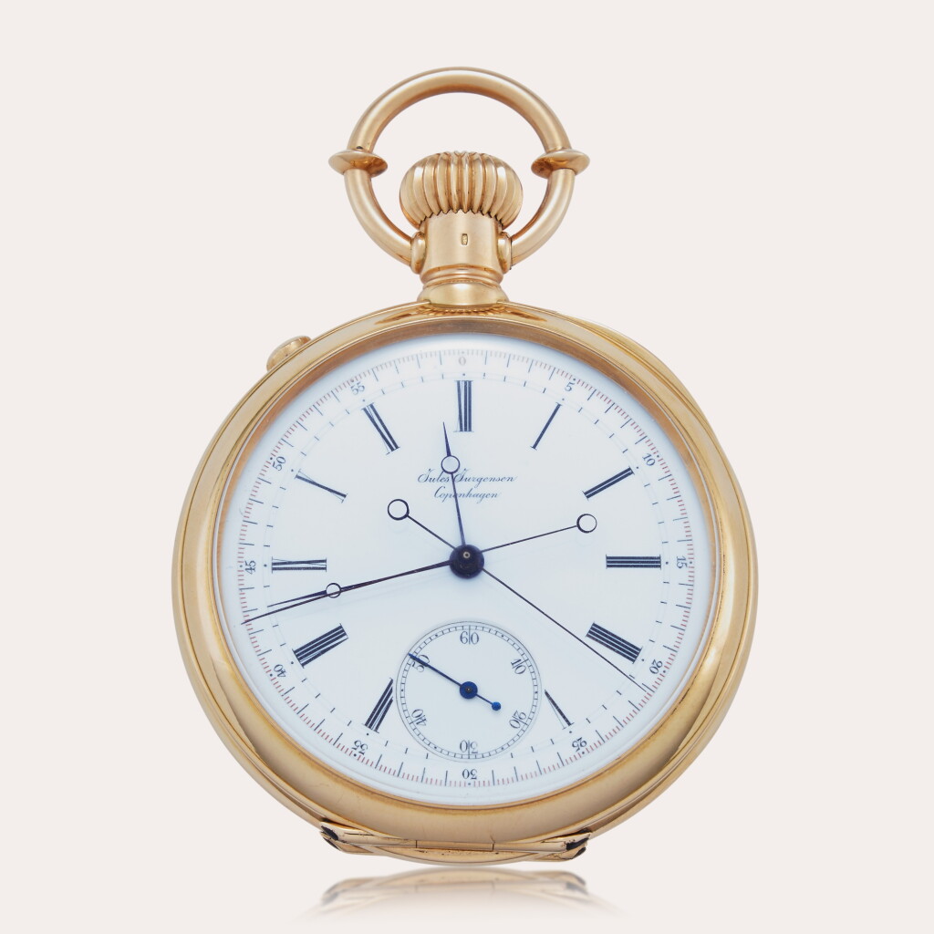 View full screen - View 1 of Lot 423. A yellow gold open-faced two-train keyless watch with independent split-seconds chronograph, Circa 1880.