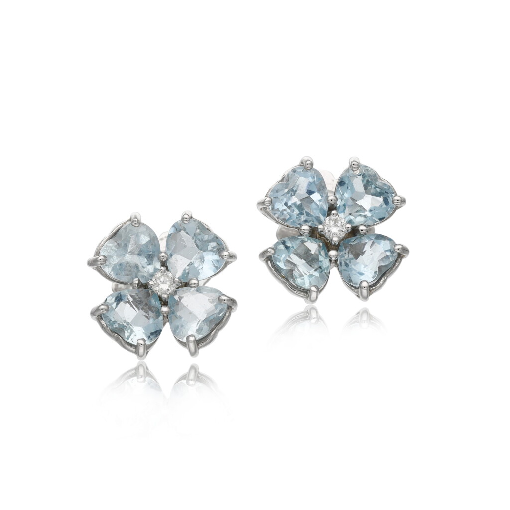 View full screen - View 1 of Lot 135. Pair of aquamarine and diamond earrings.