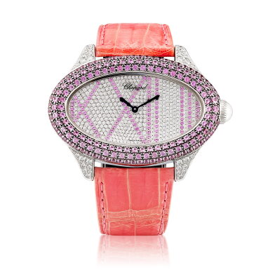 View full screen - View 1 of Lot 8611. Montres Dame Cat Eye | A white gold, diamond and pink sapphire-set wristwatch, Circa 2008 | 蕭邦 | Montres Dame Cat Eye | 白金鑲鑽石及粉紅色藍寶石腕錶,約2008年製.