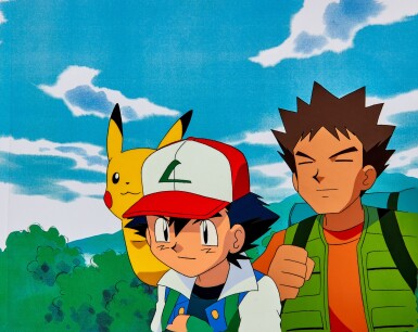 View full screen - View 1 of Lot 8. Satoshi, Takeshi and Pikachu Animation Cel and Printed Background | 小智、小剛和比卡超賽璐璐及印刷背景.