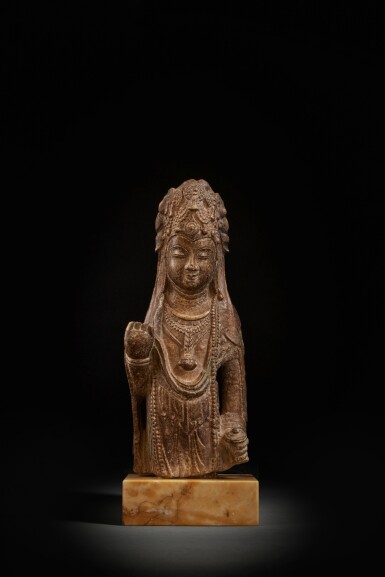 View full screen - View 1 of Lot 159. A 'huanghuashi' limestone figure of Avalokiteshvara, Northern Qi - Sui Dynasty.