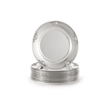 View full screen - View 1 of Lot 13. A SET OF TWELVE DANISH SILVER ACORN PATTERN BREAD PLATES, NO. 642D, DESIGNED BY JOHAN ROHDE, GEORG JENSEN SILVERSMITHY, COPENHAGEN, CIRCA 1945-77.