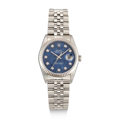 View full screen - View 1 of Lot 112. ROLEX | DATEJUST, REFERENCE 16234 A STAINLESS STEEL AND DIAMOND-SET WRISTWATCH WITH DATE, SODALITE DIAL AND BRACELET, CIRCA 2002.