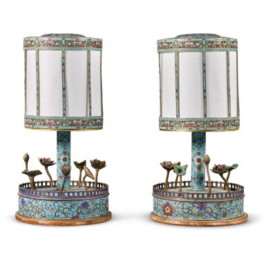View full screen - View 1 of Lot 44. An unusual pair of Chinese cloisonné and champlevé enamel cylindrical lanterns, Qing dynasty, 19th century.