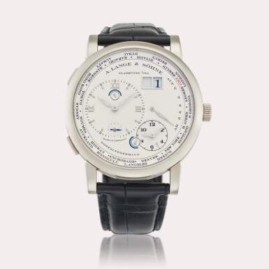 View full screen - View 1 of Lot 18. Reference 116.039 Lange 1 Time Zone | A white gold world time wristwatch with digital date display, day/night and power reserve indication, Circa 2012.
