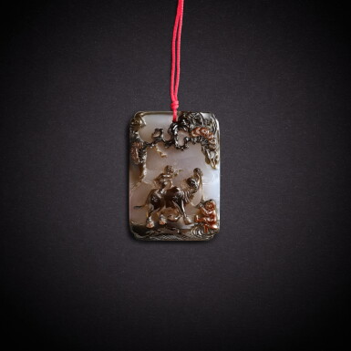 View full screen - View 1 of Lot 3533. An agate 'boy and buffalo' group | 瑪瑙童子牧牛紋牌.