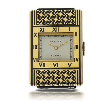 View full screen - View 1 of Lot 168. CARTIER / VACHERON CONSTANTIN | A YELLOW GOLD AND ENAMEL GUILLOTINE PURSE WATCH, CIRCA 1920.