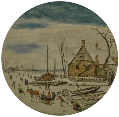 View full screen - View 1 of Lot 115. ESAIAS VAN DE VELDE | WINTER LANDSCAPE WITH SKATERS AND A FARM HOUSE.
