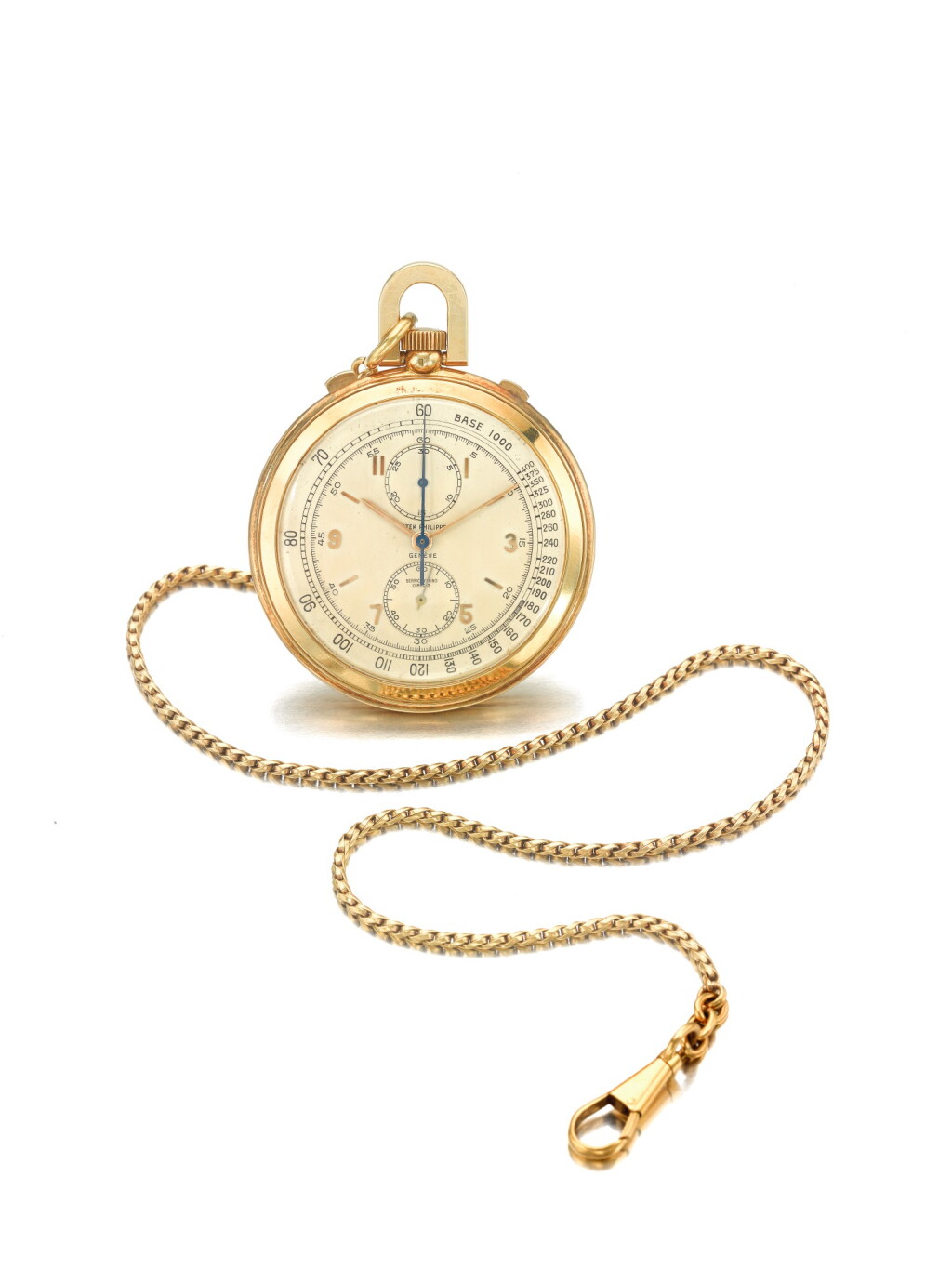 View full screen - View 1 of Lot 35. PATEK PHILIPPE | REFERENCE 685 RETAILED BY SERPICO Y LAINO: A YELLOW GOLD OPEN FACED CHRONOGRAPH WATCH WITH VERTICAL REGISTERS, CIRCA 1945.