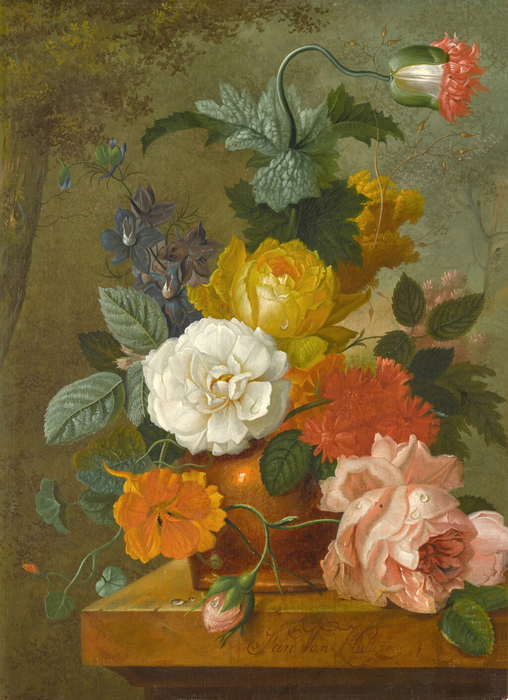 View full screen - View 1 of Lot 92. Still life of roses, a nasturtium, a poppy and other flowers in an urn on a ledge.
