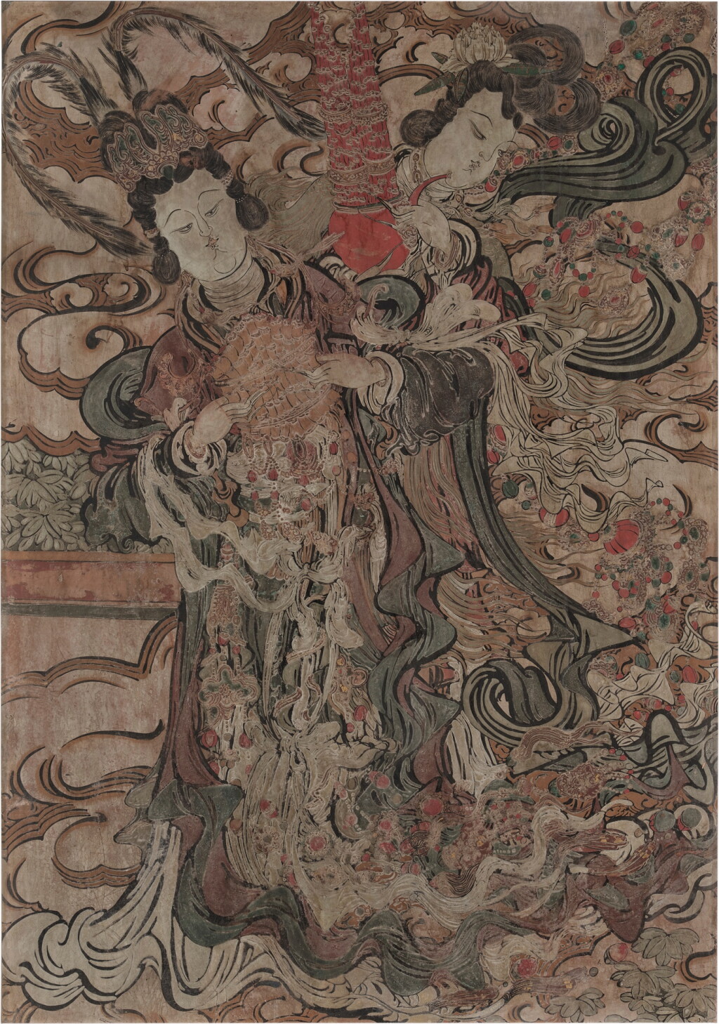 View full screen - View 1 of Lot 206. A polychrome stucco 'celestial maidens' fresco panel, Ming dynasty.