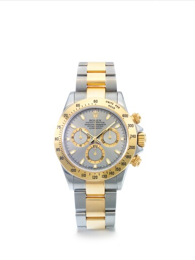 View full screen - View 1 of Lot 1. ROLEX | REF 116523 DAYTONA, A STAINLESS STEEL AND YELLOW GOLD AUTOMATIC CHRONOGRAPH WRISTWATCH WITH REGISTERS AND BRACELET CIRCA 2003.