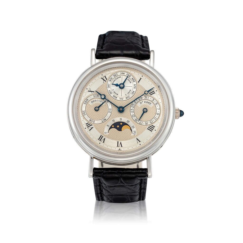 View full screen - View 1 of Lot 22. Classique Platinum perpetual calendar wristwatch with moon phases and leap-year indication Circa 1995 | 寶璣「Classique」鉑金萬年曆腕錶備月相及閏年顯示,年份約1995.
